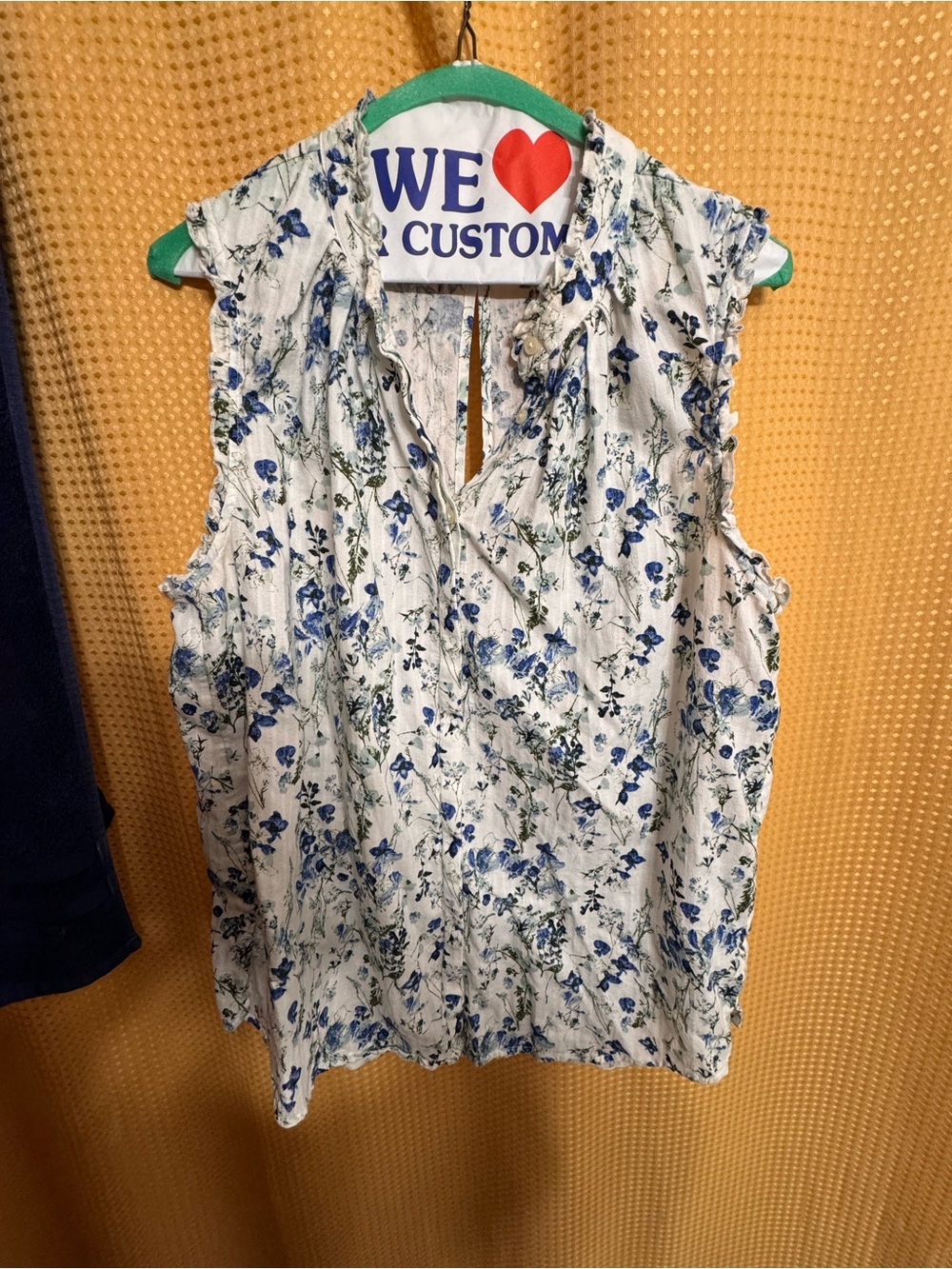 Treasure & Bond White Sleeveless Ruffle Neck Camisole with Blue Floral Print